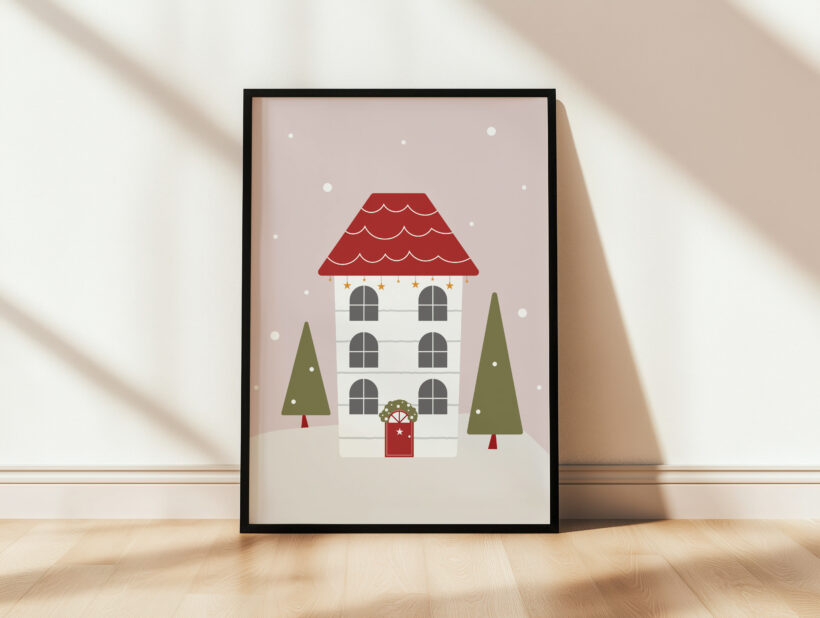 plakaty zimowe do salonu przytulny zimowy plakat z małym uroczym domkiem