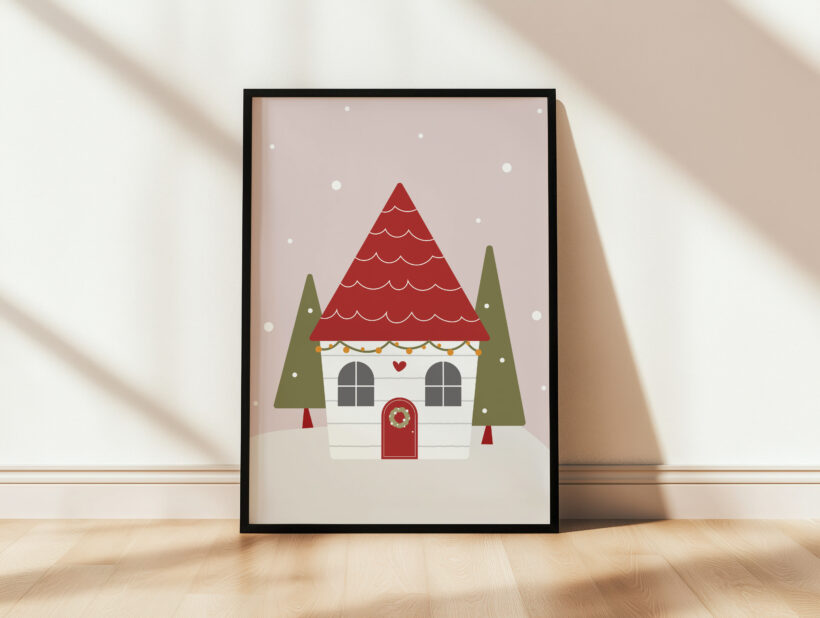 plakaty zimowe dla dzieci domek świąteczny