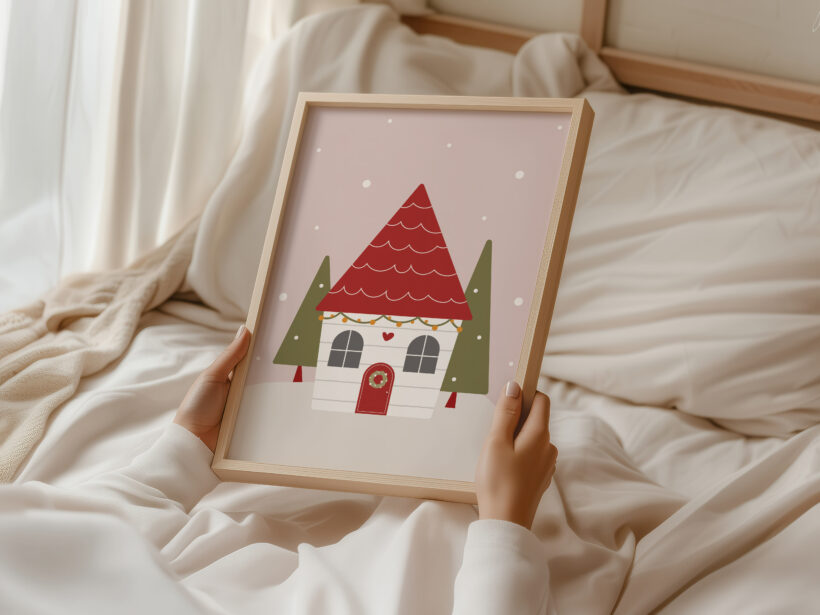 plakat na boże narodzenie do salonu z domkiem