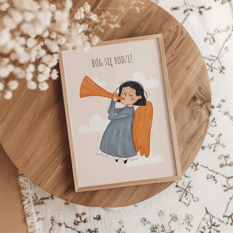 bóg się rodzi ilustrowany plakat świąteczny z aniołem
