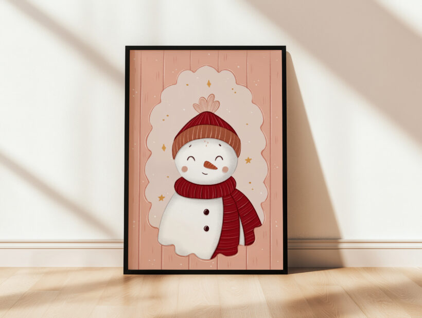 elegancki i przytulny zimowy plakat z bałwankiem