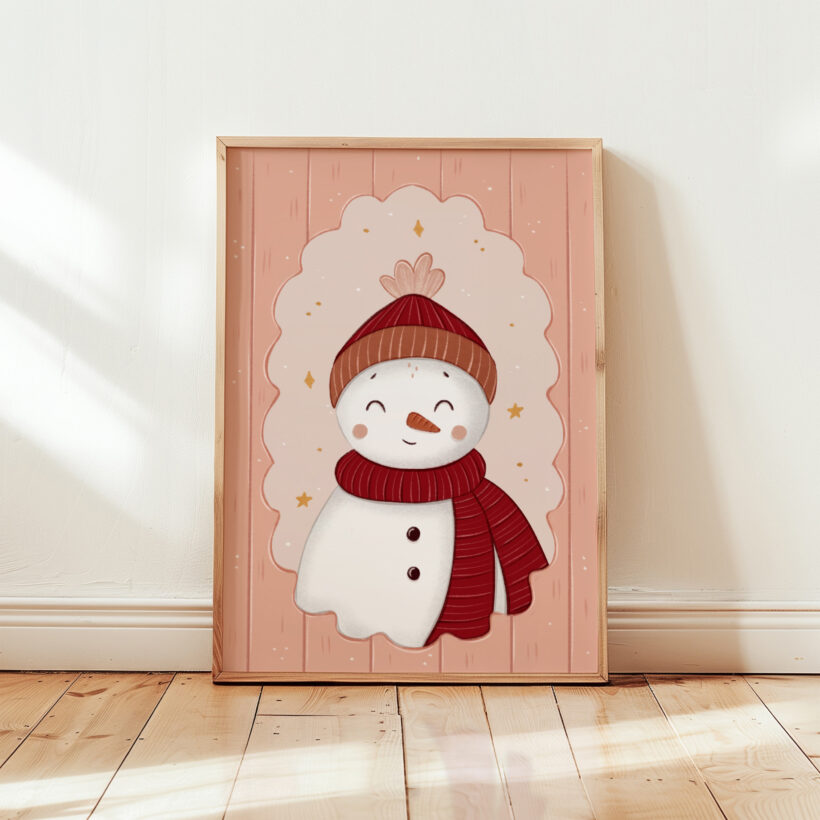 plakat świąteczny z bałwankiem w rustykalnym stylu