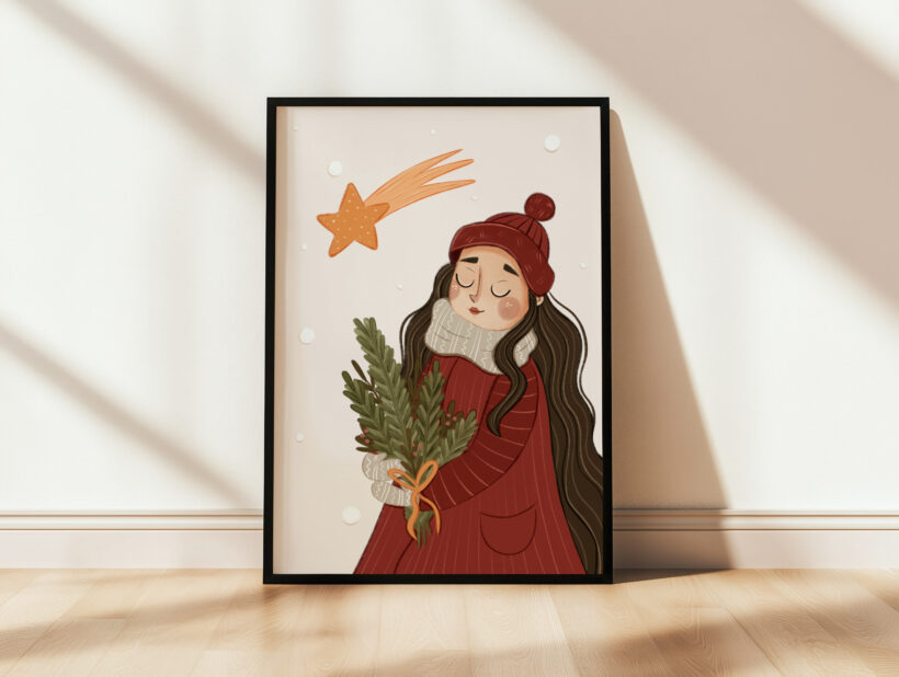 ilustrowane plakaty świąteczne w ciepłych kolorach