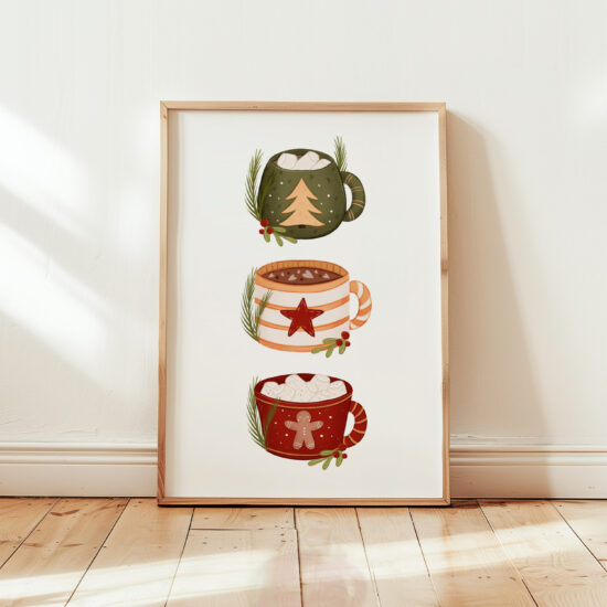 plakat świąteczny z 3 świątecznymi kubeczkami urocza dekoracja do kuchni