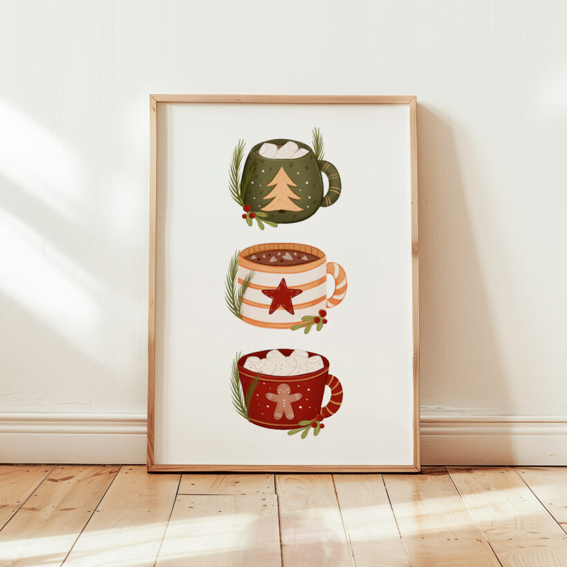 plakat świąteczny z 3 świątecznymi kubeczkami urocza dekoracja do kuchni