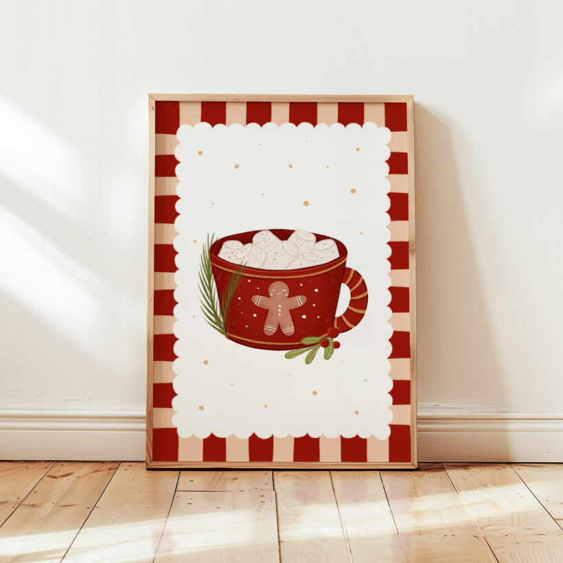 plakat świąteczny ze świątecznym kubeczkiem z gorącą czekoladą