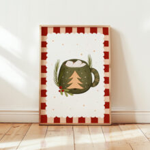 uroczy i nowoczesny plakat na święta z zielonym kubeczkiem z gorącym kakao dekoracja do kuchni