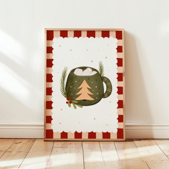 uroczy i nowoczesny plakat na święta z zielonym kubeczkiem z gorącym kakao dekoracja do kuchni