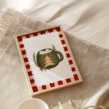 oryginalny plakat świąteczny z zielonym kubeczkiem z gorącą czekoladą zimowa dekoracja do salonu