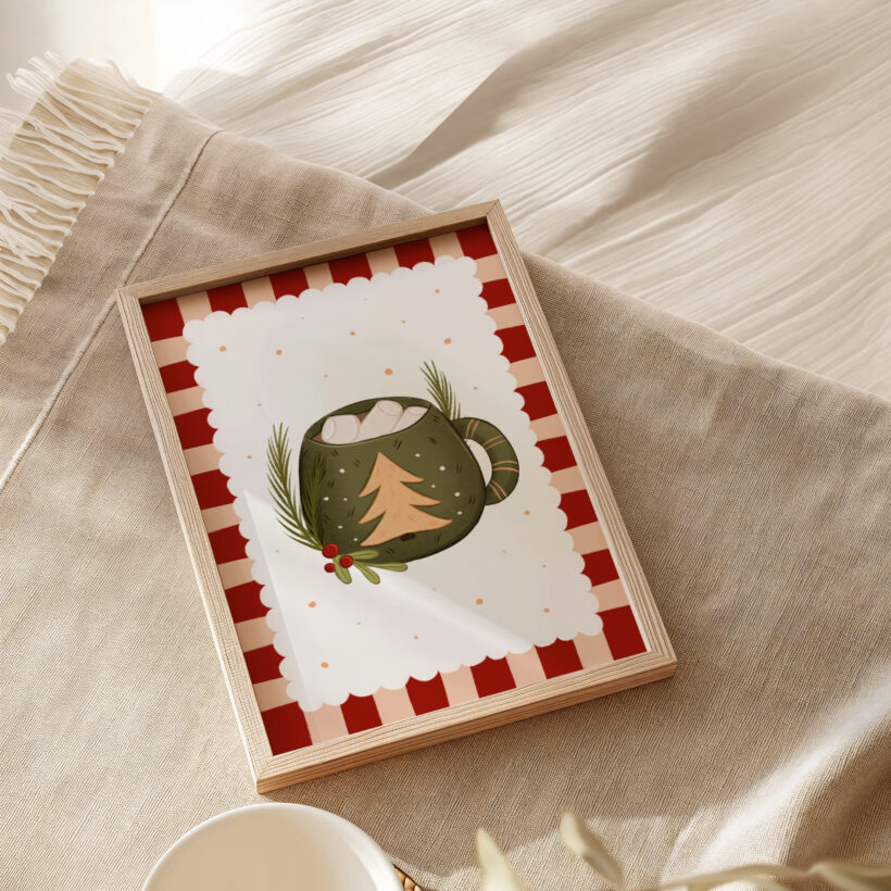 oryginalny plakat świąteczny z zielonym kubeczkiem z gorącą czekoladą zimowa dekoracja do salonu