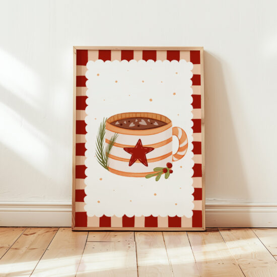 uroczy plakat świąteczny na Boże Narodzenie z żółtym kubkiem z gorącym kakao