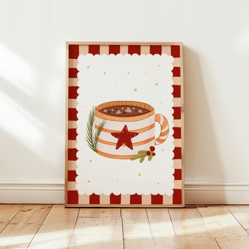 uroczy plakat świąteczny na Boże Narodzenie z żółtym kubkiem z gorącym kakao