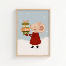 uroczy autorski plakat świąteczny z myszką i prezentami