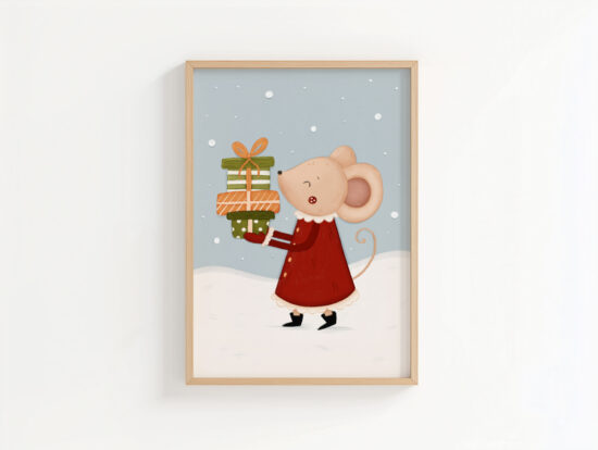 uroczy autorski plakat świąteczny z myszką i prezentami