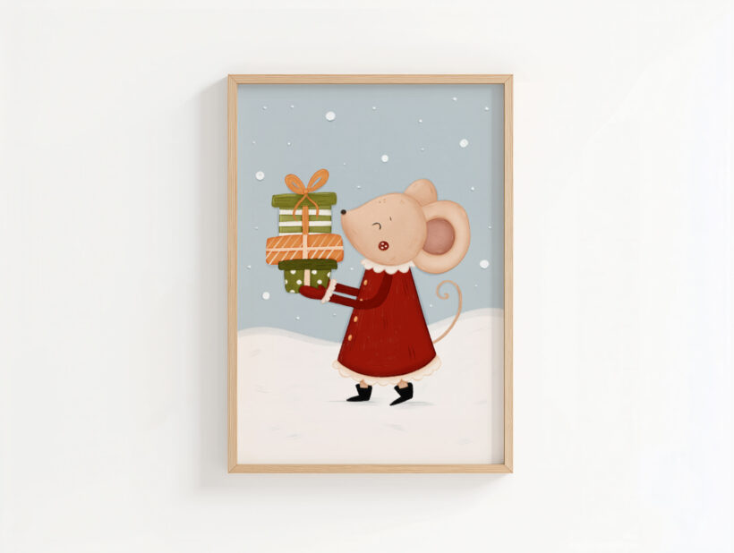 uroczy autorski plakat świąteczny z myszką i prezentami