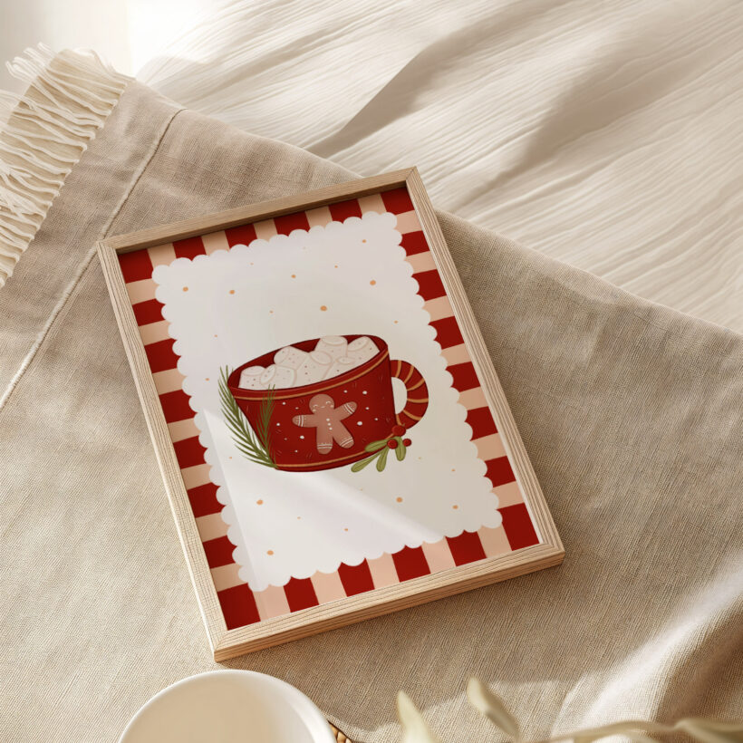 plakat świąteczny z czerwonym świątecznym kubkiem i gorącą czekoladą