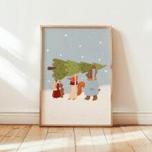 uroczy plakat świąteczny z leśnymi zwierzętami i choinką