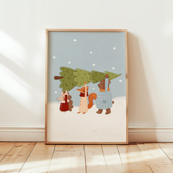 uroczy plakat świąteczny z leśnymi zwierzętami i choinką