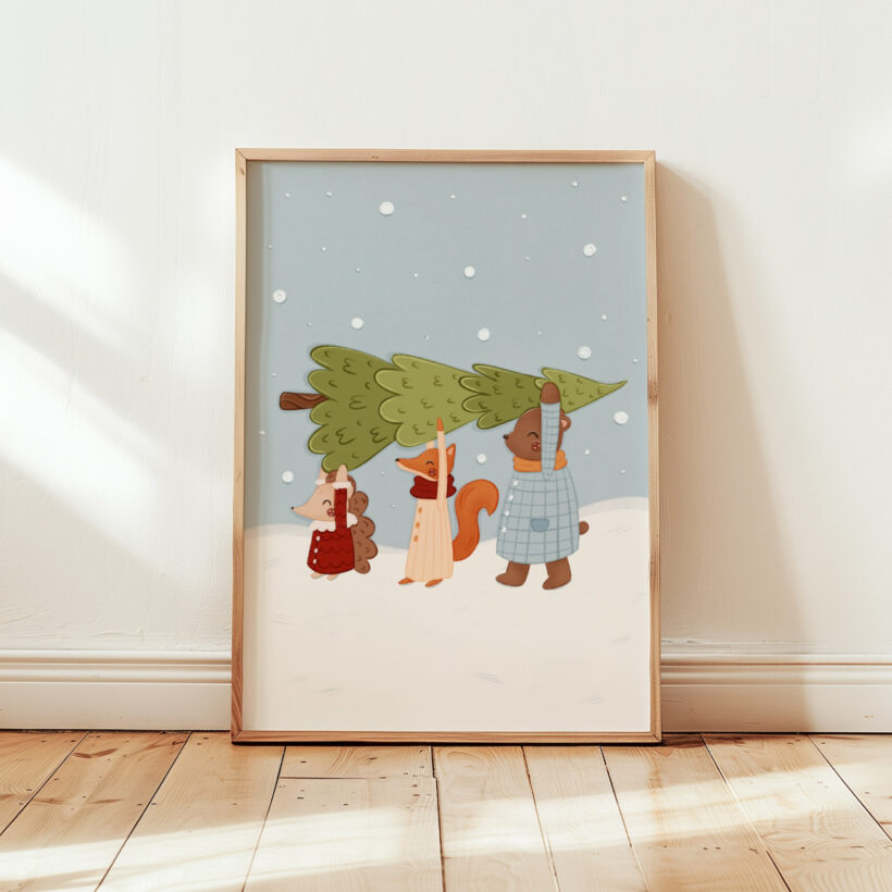 uroczy plakat świąteczny z leśnymi zwierzętami i choinką