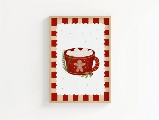 plakat świąteczny z gorącym kakao w świątecznym kubeczku