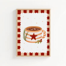 plakat zimowy ze świątecznym żółtym kubeczkiem z gorącą czekoladą urocza świąteczna dekoracja do domu