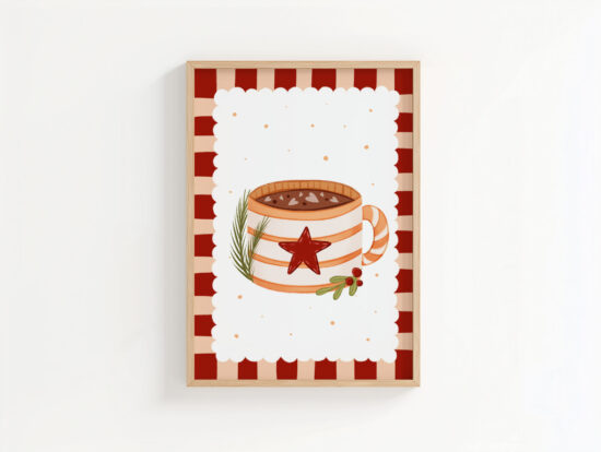 plakat zimowy ze świątecznym żółtym kubeczkiem z gorącą czekoladą urocza świąteczna dekoracja do domu