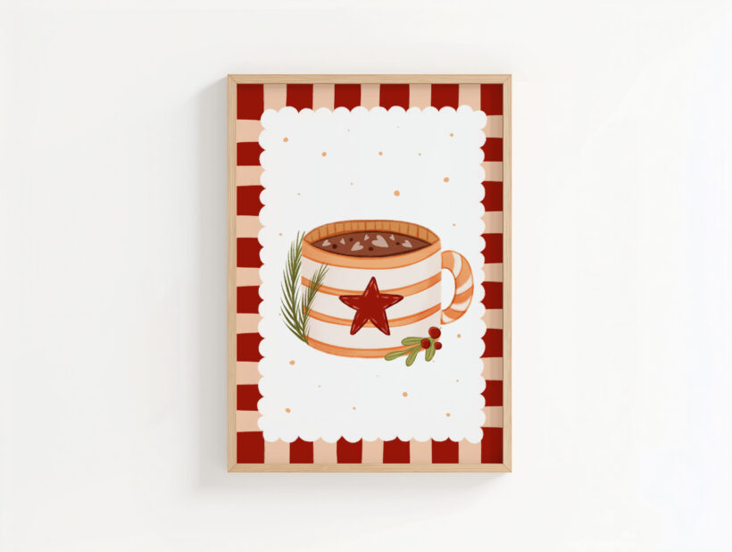 plakat zimowy ze świątecznym żółtym kubeczkiem z gorącą czekoladą urocza świąteczna dekoracja do domu