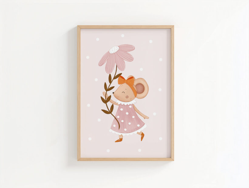 urocza ilustracja z myszką do pokoju niemowlaka