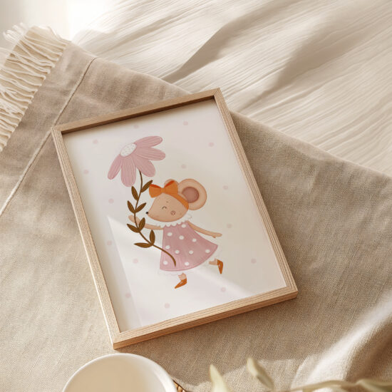 urocze bajkowe ilustracje do pokoju dziecka plakat z myszką i kwiatkiem
