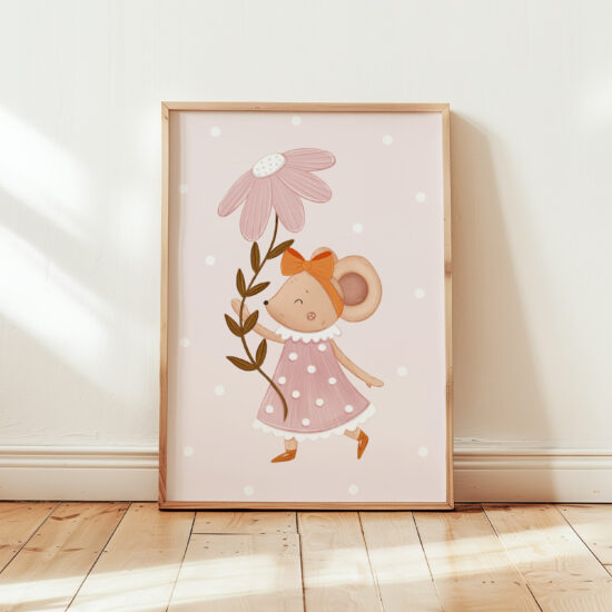 plakat z uroczą myszką i kwiatem w kolorze różowym