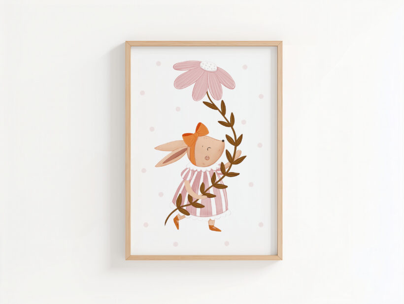 urocze delikatne plakaty do pokoju dziewczynki plakat z zajączkiem i kwiatami